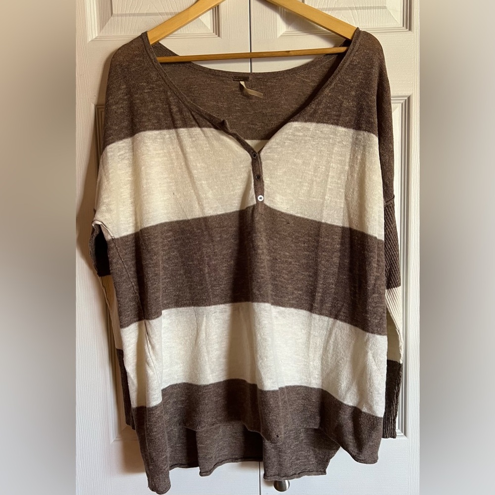 Free People Beach Striped Brown and Cream Lightweight Henley Sweater